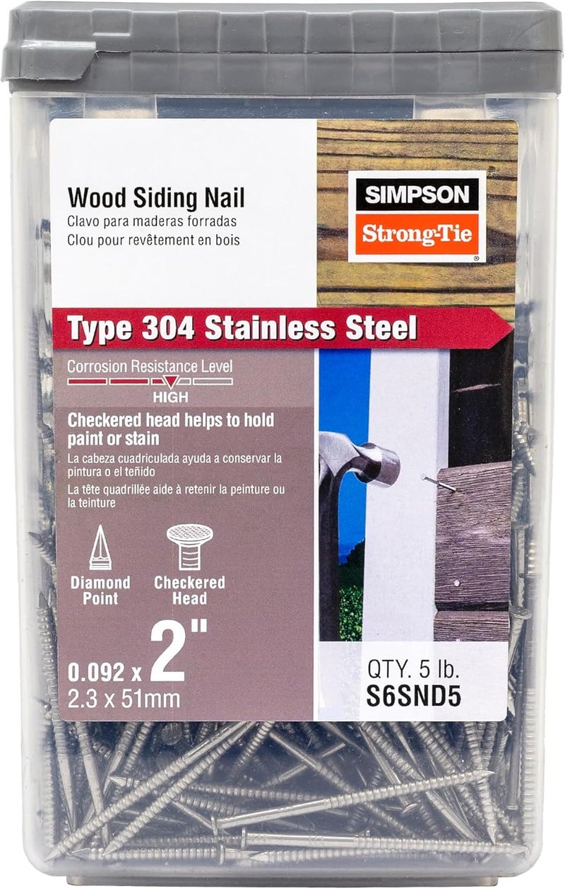 Simpson StrongTie S6SND5 Ring-Shank Wood Siding Nail, 2 Inch x 0.092 Inch, 13 Gauge, Full Round Head, Diamond Point, Type 304 Stainless Steel (Pack of 1225) - Image 1